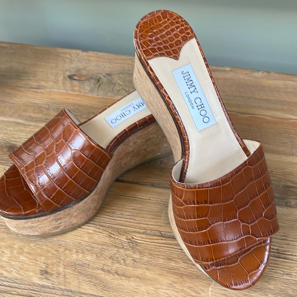 Jimmy Choo Brown Croc-Embossed Wedge Sandals
